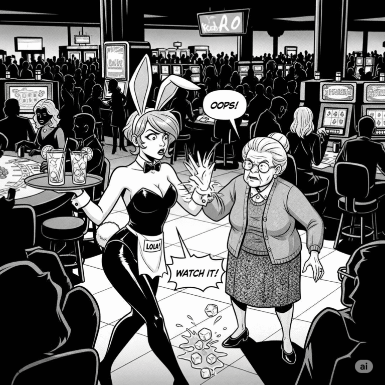 Black-and-white graphic novel panel of a cocktail waitress in a bunny outfit colliding with an elderly woman on a crowded, neon-lit casino floor.