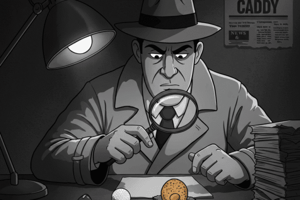 THE HAMMER FILES: The Case of the Scotch Egg A noir-style cartoon of a detective using a magnifying glass to examine a Scotch Egg and a golf ball on his desk, with dramatic shadows .