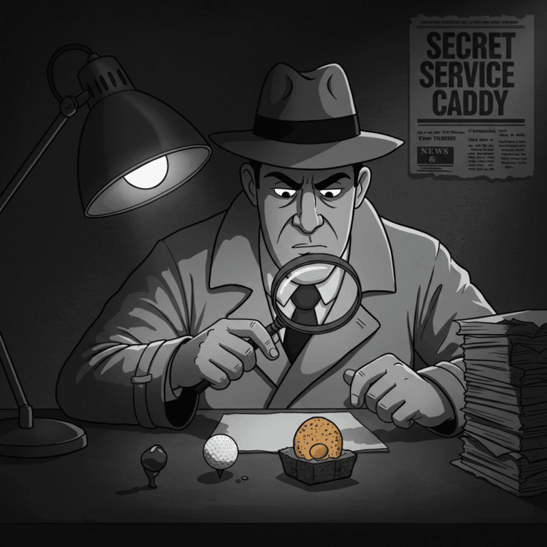 A noir-style cartoon of a detective using a magnifying glass to examine a Scotch Egg and a golf ball on his desk, with dramatic shadows .