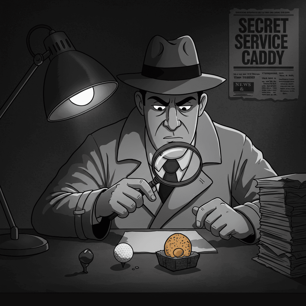 A noir-style cartoon of a detective using a magnifying glass to examine a Scotch Egg and a golf ball on his desk, with dramatic shadows .