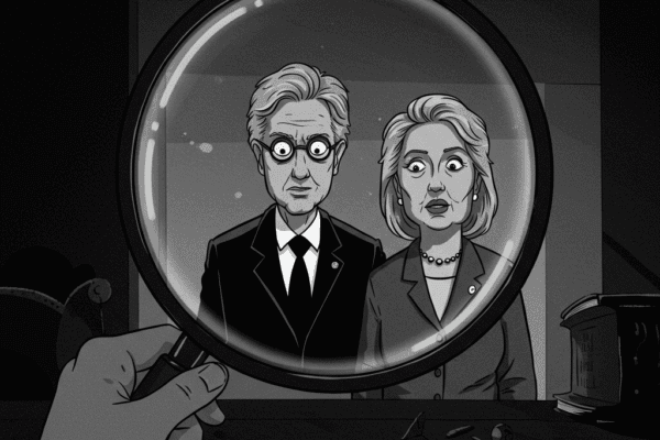 NewzHammer: Smoke and Mirrors. Noir style cartoon, grayscale. Bill and Hillary Clinton are being looked at by a large magnifying glass. The scene is dramatic and high-contrast, like a graphic novel, emphasizing scrutiny and hidden details.