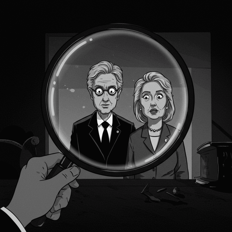 Noir style cartoon, grayscale. Bill and Hillary Clinton are being looked at by a large magnifying glass. The scene is dramatic and high-contrast, like a graphic novel, emphasizing scrutiny and hidden details.