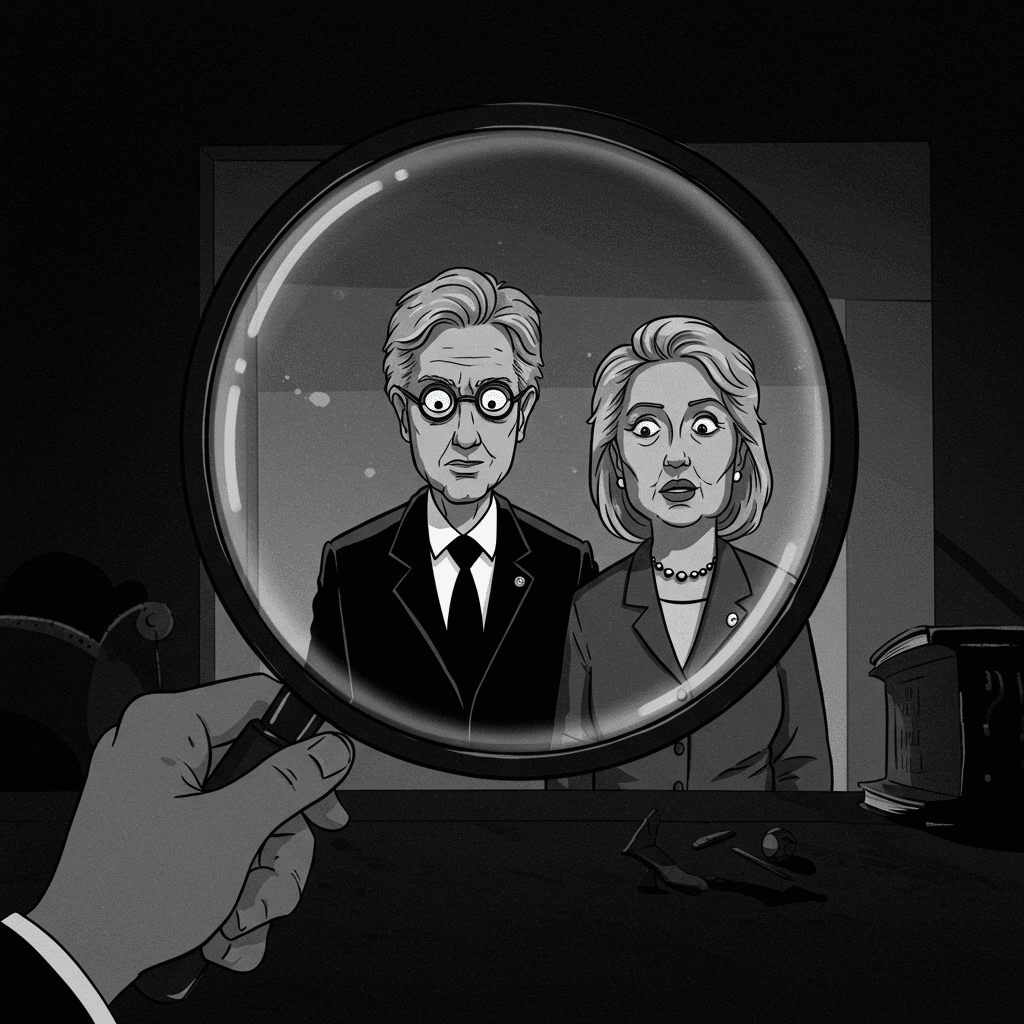 Noir style cartoon, grayscale. Bill and Hillary Clinton are being looked at by a large magnifying glass. The scene is dramatic and high-contrast, like a graphic novel, emphasizing scrutiny and hidden details.