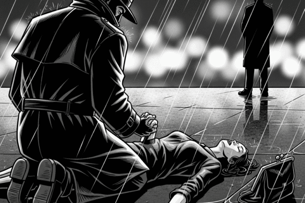 THE HAMMER FILES: The Dead Reckoning A grayscale film noir cartoon. A detective in a fedora kneels in the rain over a still figure on the wet pavement, their faces hidden in shadow. He holds her hand. A stylized purse lies nearby. In the background, a lone, dark figure observes from a distance against blurry city lights.
