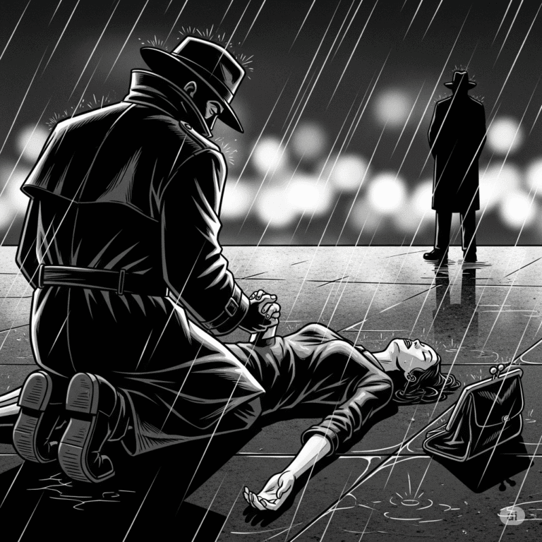 A grayscale film noir cartoon. A detective in a fedora kneels in the rain over a still figure on the wet pavement, their faces hidden in shadow. He holds her hand. A stylized purse lies nearby. In the background, a lone, dark figure observes from a distance against blurry city lights.