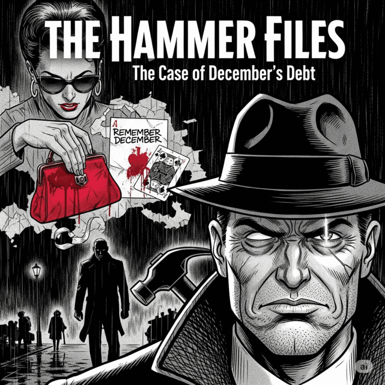 A grayscale illustration in a film noir style for "The Hammer Files: The Case of December's Debt." The cover art depicts a close-up of a grim-faced detective in a fedora, a mysterious woman in dark glasses holding a red purse, and a shadowy figure walking down a rain-slicked street. In the background, a map of the city is overlaid with a bloody playing card and the text "Remember December.
