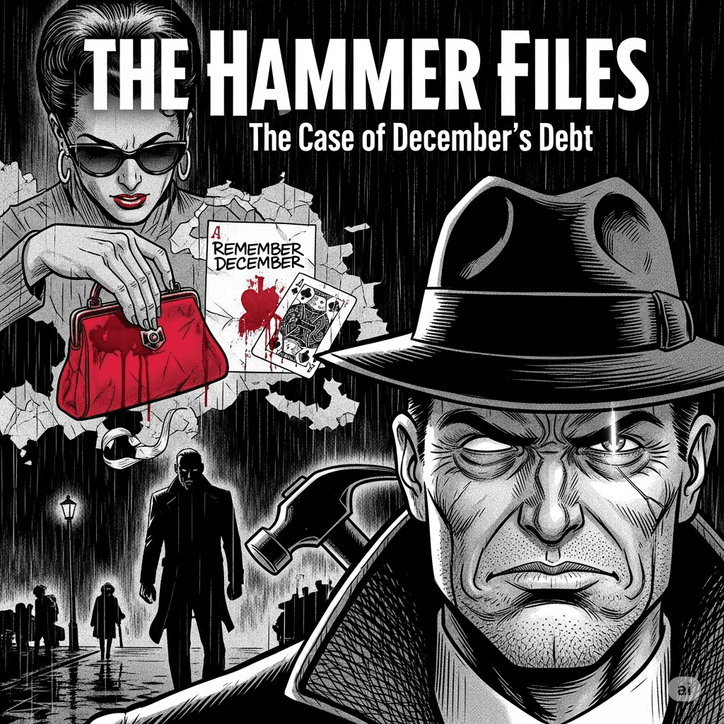A grayscale illustration in a film noir style for "The Hammer Files: The Case of December's Debt." The cover art depicts a close-up of a grim-faced detective in a fedora, a mysterious woman in dark glasses holding a red purse, and a shadowy figure walking down a rain-slicked street. In the background, a map of the city is overlaid with a bloody playing card and the text "Remember December.