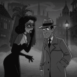 A grayscale noir-style cartoon of a veiled showgirl whispering a secret to a detective in a trench coat and fedora in a foggy, European city.