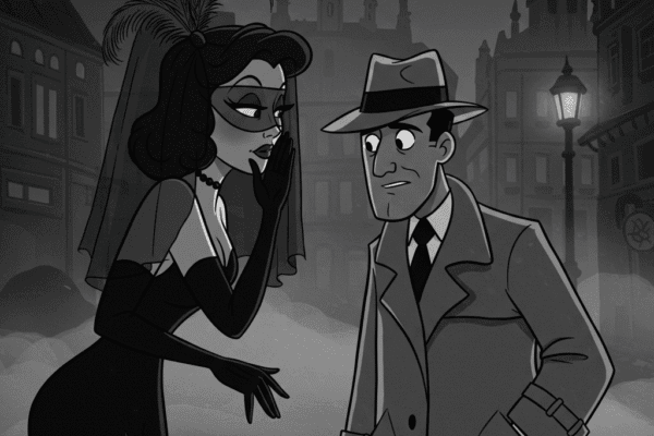 THE HAMMER FILES: The Missing First Lady A grayscale noir-style cartoon of a veiled showgirl whispering a secret to a detective in a trench coat and fedora in a foggy, European city.