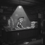 A grayscale, noir-style cartoon image of a dingy newsstand. An old man with a tired face stands behind a cluttered counter, lit by a single hanging lightbulb, casting long shadows. December's Debt.