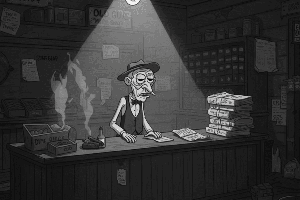 The Case of December’s Debt A grayscale, noir-style cartoon image of a dingy newsstand. An old man with a tired face stands behind a cluttered counter, lit by a single hanging lightbulb, casting long shadows.