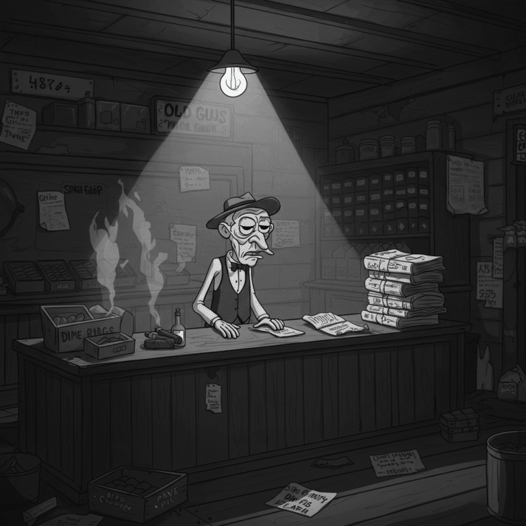 A grayscale, noir-style cartoon image of a dingy newsstand. An old man with a tired face stands behind a cluttered counter, lit by a single hanging lightbulb, casting long shadows.