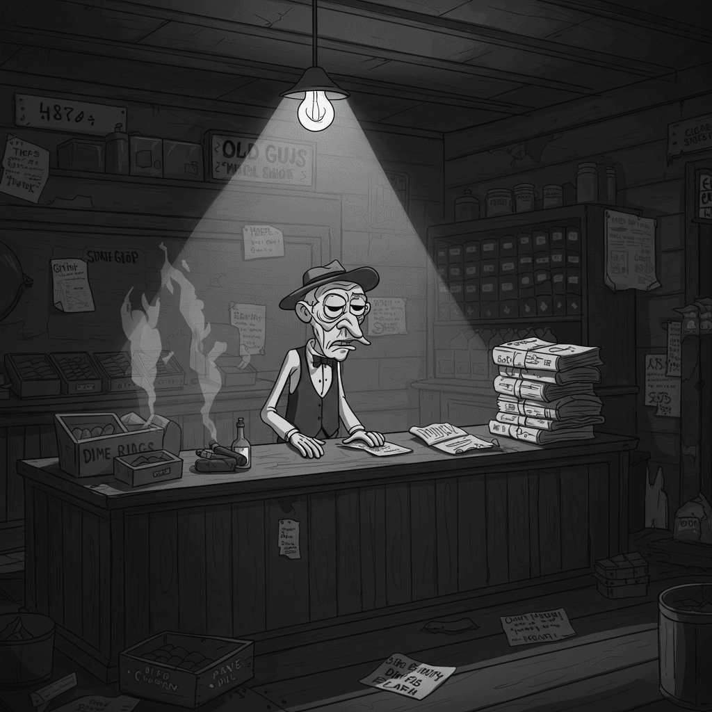 A grayscale, noir-style cartoon image of a dingy newsstand. An old man with a tired face stands behind a cluttered counter, lit by a single hanging lightbulb, casting long shadows.