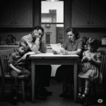 A grayscale photograph from the 1950s shows a working-class American family gathered in their modest kitchen, appearing distressed while looking at a bill, conveying the impact of economic hardship.