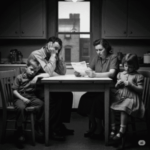 A grayscale photograph from the 1950s shows a working-class American family gathered in their modest kitchen, appearing distressed while looking at a bill, conveying the impact of economic hardship.