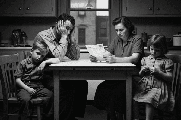 The Tariff Trap: 90 Days of Hot Air, Years of Pain for the Working Man A grayscale photograph from the 1950s shows a working-class American family gathered in their modest kitchen, appearing distressed while looking at a bill, conveying the impact of economic hardship.