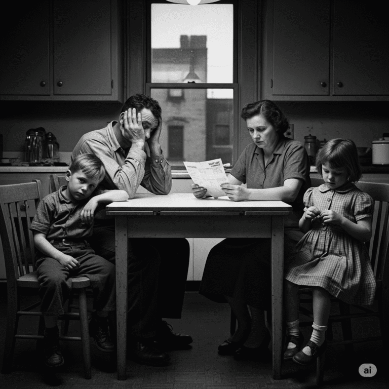 A grayscale photograph from the 1950s shows a working-class American family gathered in their modest kitchen, appearing distressed while looking at a bill, conveying the impact of economic hardship.