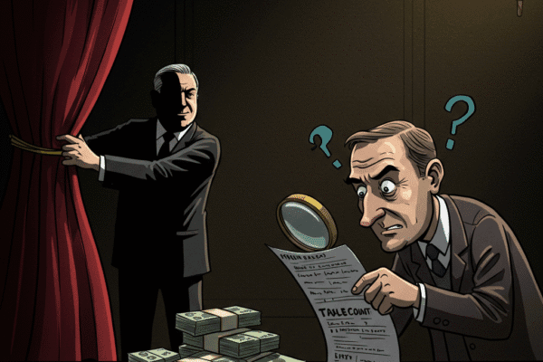 The Tax Man Cometh, The People Get Nothing smug politician revealing a hidden stack of cash while a confused citizen struggles to read a complex tax form.