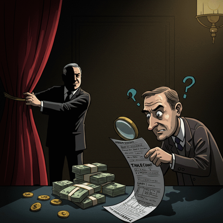 smug politician revealing a hidden stack of cash while a confused citizen struggles to read a complex tax form.
