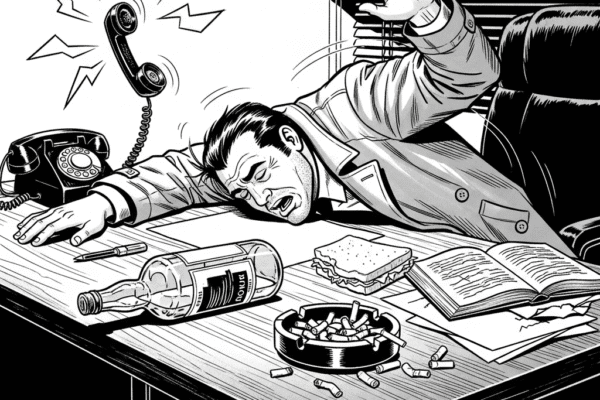 THE HAMMER FILES: My Home My Office Gritty, grayscale Jack Hammer style illustration of Jack, startled awake on his desk by a ringing phone, with a liquor bottle and full ashtray. Sincerely yours, Jack Hammer.