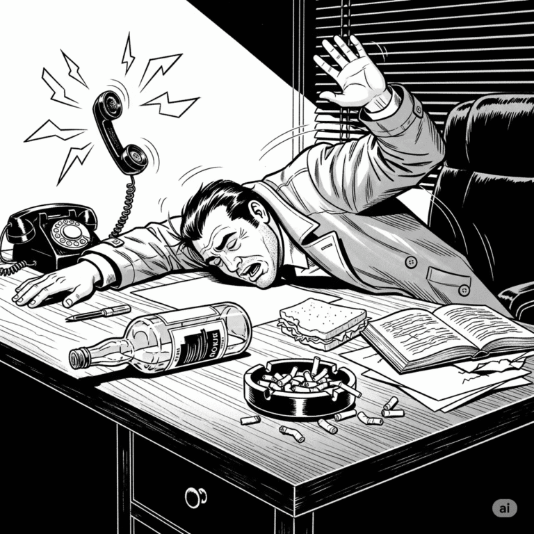 Gritty, grayscale Jack Hammer style illustration of Jack, startled awake on his desk by a ringing phone, with a liquor bottle and full ashtray. Sincerely yours, Jack Hammer.