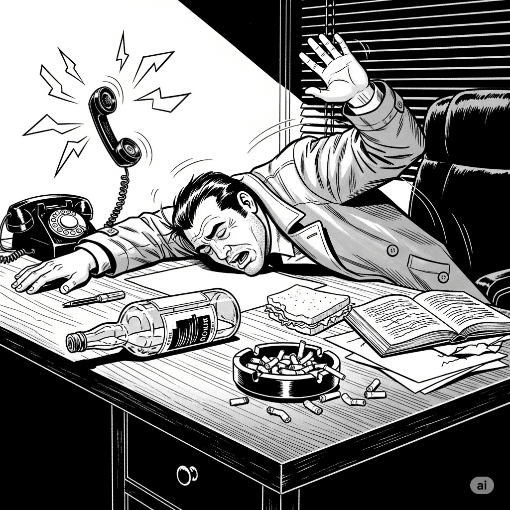 Gritty, grayscale Jack Hammer style illustration of Jack, startled awake on his desk by a ringing phone, with a liquor bottle and full ashtray. Sincerely yours, Jack Hammer.