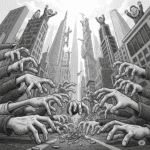 Grayscale satirical cartoon showing many hands grasping for a few coins on the ground, while tiny, smiling wealthy figures look down from towering skyscrapers in the background.