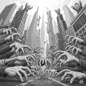 Grayscale satirical cartoon showing many hands grasping for a few coins on the ground, while tiny, smiling wealthy figures look down from towering skyscrapers in the background.