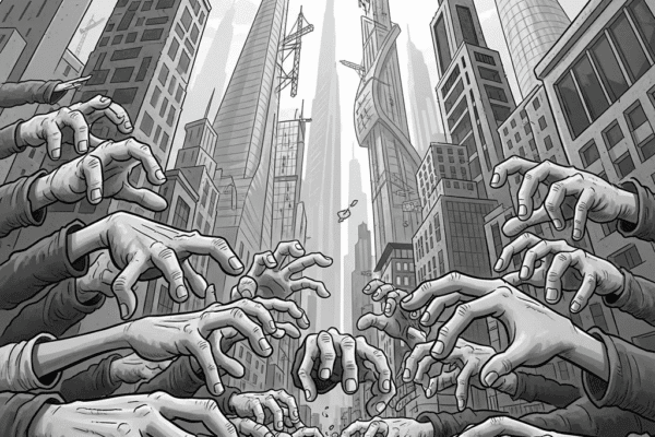 They’re Touting a Boom, But All I Hear Is Your Wallet Screaming. Grayscale satirical cartoon showing many hands grasping for a few coins on the ground, while tiny, smiling wealthy figures look down from towering skyscrapers in the background.