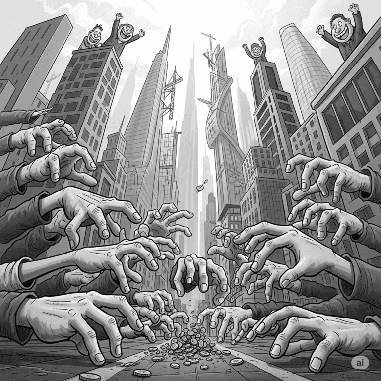 Grayscale satirical cartoon showing many hands grasping for a few coins on the ground, while tiny, smiling wealthy figures look down from towering skyscrapers in the background.
