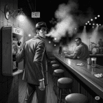 A low-angle, black-and-white shot from the back of a smoky jazz club. In the foreground, a gaunt, tense man stands by a payphone, his back to the viewer, one hand on the receiver, the other clenched. He's looking over his shoulder toward a large, calm man sitting at a bar stool, a glass of beer in hand. 