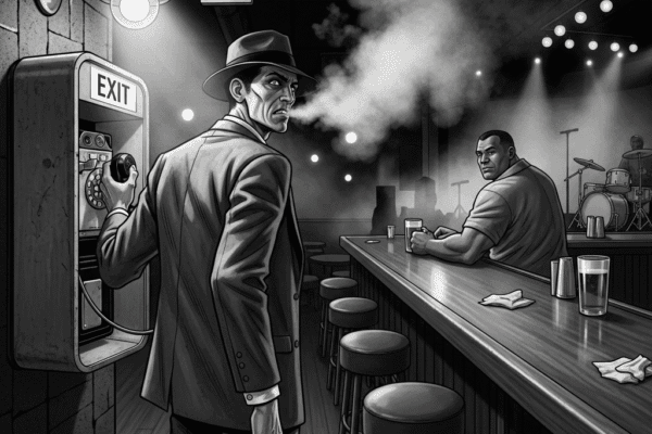 THE HAMMER FILES: Weasel and the Big Man A low-angle, black-and-white shot from the back of a smoky jazz club. In the foreground, a gaunt, tense man stands by a payphone, his back to the viewer, one hand on the receiver, the other clenched. He's looking over his shoulder toward a large, calm man sitting at a bar stool, a glass of beer in hand.