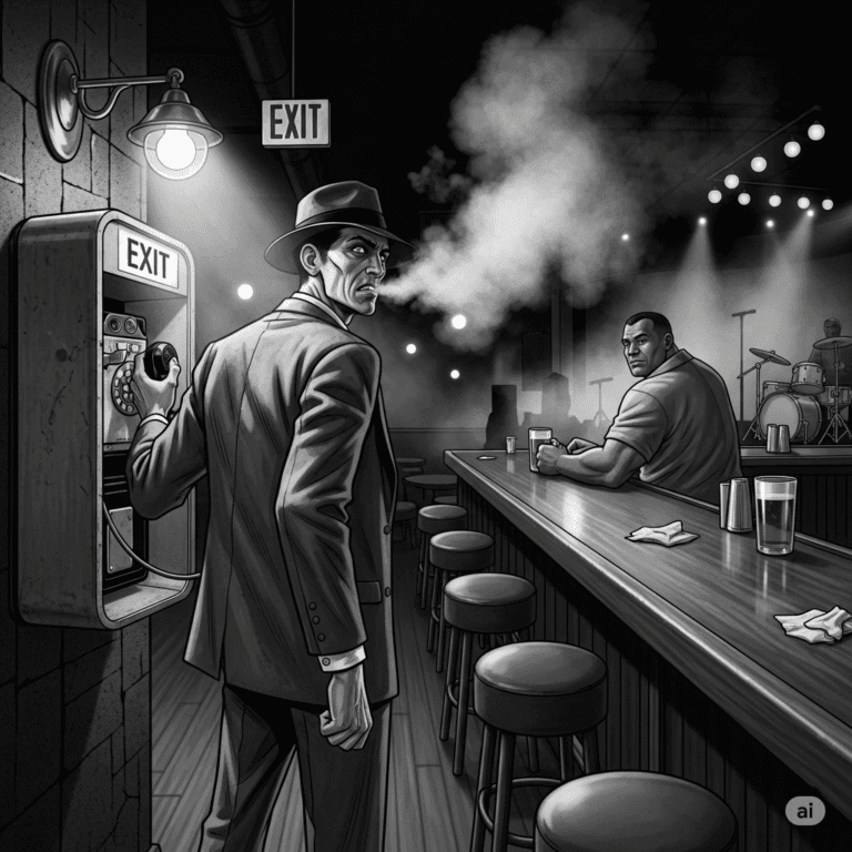 A low-angle, black-and-white shot from the back of a smoky jazz club. In the foreground, a gaunt, tense man stands by a payphone, his back to the viewer, one hand on the receiver, the other clenched. He's looking over his shoulder toward a large, calm man sitting at a bar stool, a glass of beer in hand. 