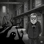 Grayscale political cartoon depicting a stern figure resembling William Barr standing in a gloomy prison corridor, observing shadowy, puppet-like forms with a noose hanging in the background, suggesting hidden control and conspiracy.
