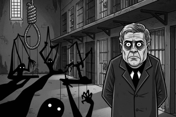 The Ep-stain on Justice: Who Pulled the Plug (and the Trigger)? Grayscale political cartoon depicting a stern figure resembling William Barr standing in a gloomy prison corridor, observing shadowy, puppet-like forms with a noose hanging in the background, suggesting hidden control and conspiracy.