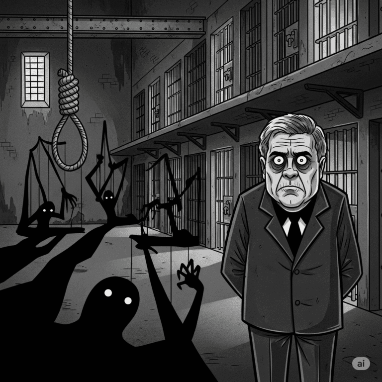 Grayscale political cartoon depicting a stern figure resembling William Barr standing in a gloomy prison corridor, observing shadowy, puppet-like forms with a noose hanging in the background, suggesting hidden control and conspiracy.