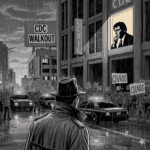 A black and white graphic novel illustration of a detective observing a CDC protest and chaos with RFK Jr. visible in a window.