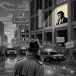 A black and white graphic novel illustration of a detective observing a CDC protest and chaos with RFK Jr. visible in a window.