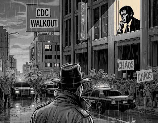 CDC Walkout Chaos: The RFK Jr. Prescription for Disaster A black and white graphic novel illustration of a detective observing a CDC protest and chaos with RFK Jr. visible in a window.