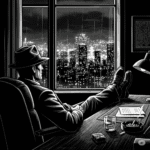 A graphic novel style, high-contrast, black-and-white image of a noir private eye seen at his desk sitting with his feet up on the desk as he stares at the twinkling city lights outside of his window.