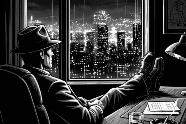 THE HAMMER FILES: The Greatest Show on Earth A graphic novel style, high-contrast, black-and-white image of a noir private eye seen at his desk sitting with his feet up on the desk as he stares at the twinkling city lights outside of his window.
