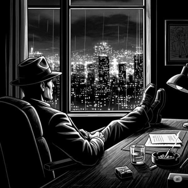 A graphic novel style, high-contrast, black-and-white image of a noir private eye seen at his desk sitting with his feet up on the desk as he stares at the twinkling city lights outside of his window.