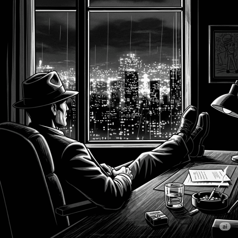A graphic novel style, high-contrast, black-and-white image of a noir private eye seen at his desk sitting with his feet up on the desk as he stares at the twinkling city lights outside of his window.