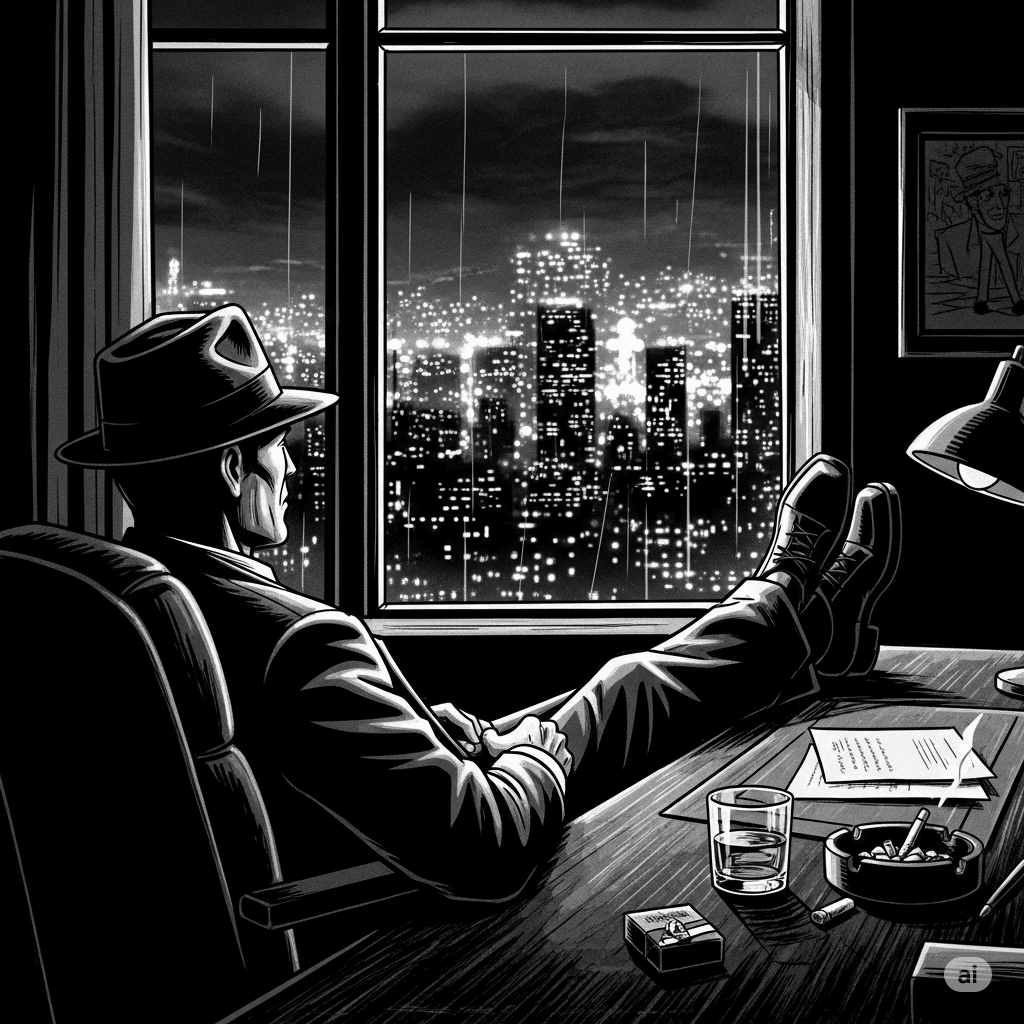 A graphic novel style, high-contrast, black-and-white image of a noir private eye seen at his desk sitting with his feet up on the desk as he stares at the twinkling city lights outside of his window.