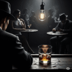 A man in a fedora sits at a smoky jazz club bar, his weary face reflected in a whiskey glass. Other patrons are shadowy figures in the background. The scene is high-contrast, gritty grayscale, and noir-style, with a single bare lightbulb. The mood is lonely and mysterious.
