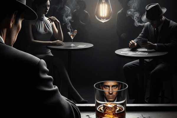 An Evening at the Local Playhouse A man in a fedora sits at a smoky jazz club bar, his weary face reflected in a whiskey glass. Other patrons are shadowy figures in the background. The scene is high-contrast, gritty grayscale, and noir-style, with a single bare lightbulb. The mood is lonely and mysterious.