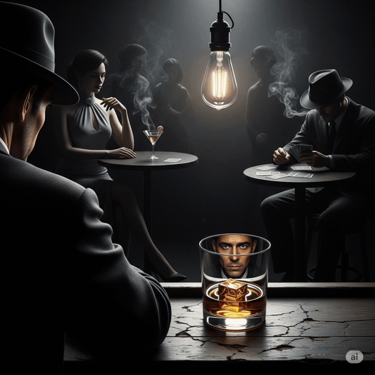 A man in a fedora sits at a smoky jazz club bar, his weary face reflected in a whiskey glass. Other patrons are shadowy figures in the background. The scene is high-contrast, gritty grayscale, and noir-style, with a single bare lightbulb. The mood is lonely and mysterious.