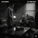 Grayscale, gritty pulp-noir image of detective Jack Hammer standing in a dimly lit living room, speaking with an older, authoritative man seated in an armchair, surrounded by subtle hints of a powerful "family" and their shared past.