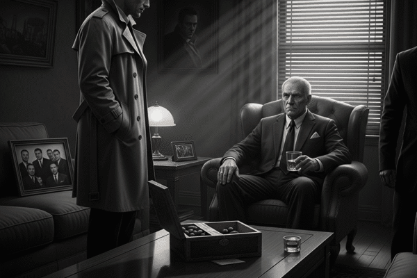 THE HAMMER FILES: The Daughter I Never Knew Grayscale, gritty pulp-noir image of detective Jack Hammer standing in a dimly lit living room, speaking with an older, authoritative man seated in an armchair, surrounded by subtle hints of a powerful "family" and their shared past.