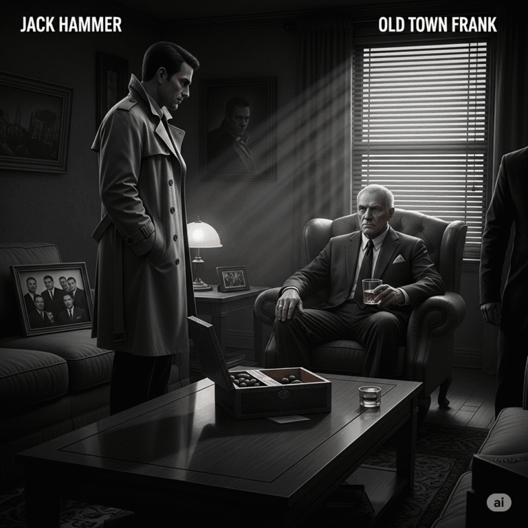 Grayscale, gritty pulp-noir image of detective Jack Hammer standing in a dimly lit living room, speaking with an older, authoritative man seated in an armchair, surrounded by subtle hints of a powerful "family" and their shared past.